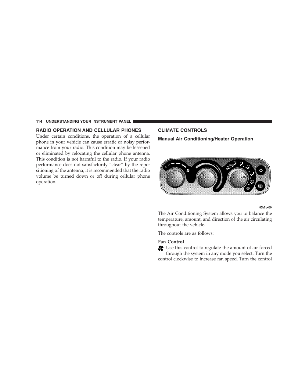 Radio operation and cellular phones, Climate controls, Manual air conditioning/heater operation | Dodge 2004 Intrepid User Manual | Page 114 / 249