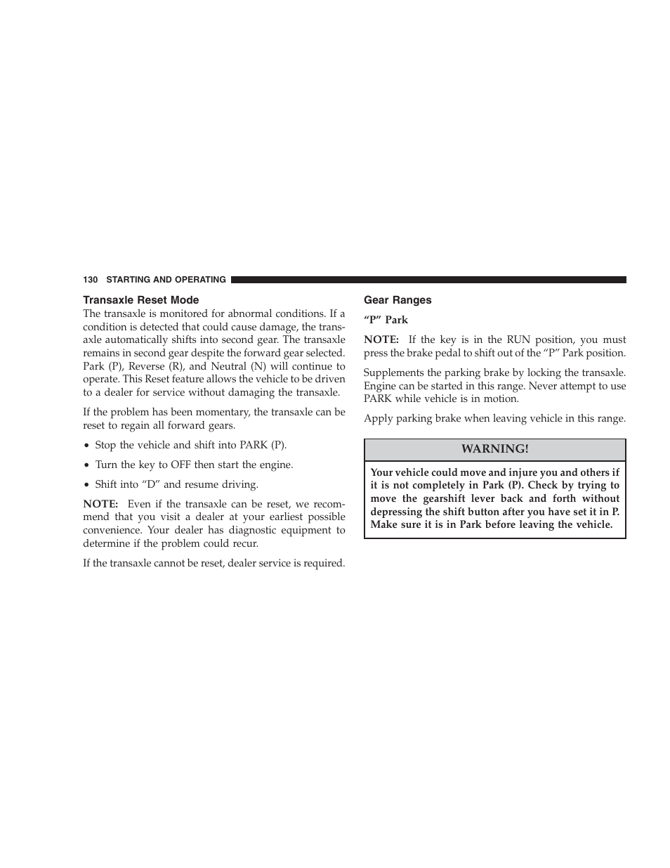 Transaxle reset mode, Gear ranges | Dodge 2004 Intrepid User Manual | Page 130 / 249