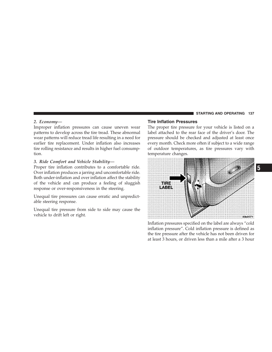 Tire inflation pressures | Dodge 2004 Intrepid User Manual | Page 137 / 249