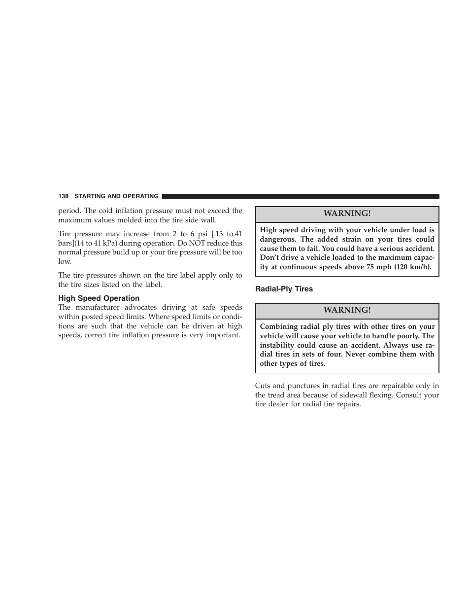 High speed operation, Radial-ply tires | Dodge 2004 Intrepid User Manual | Page 138 / 249