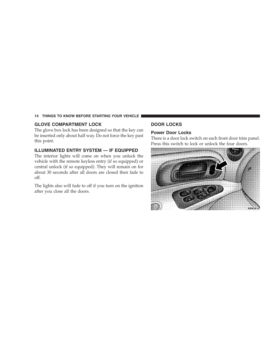 Glove compartment lock, Illuminated entry system - if equipped, Door locks | Power door locks, Illuminated entry system — if equipped | Dodge 2004 Intrepid User Manual | Page 14 / 249