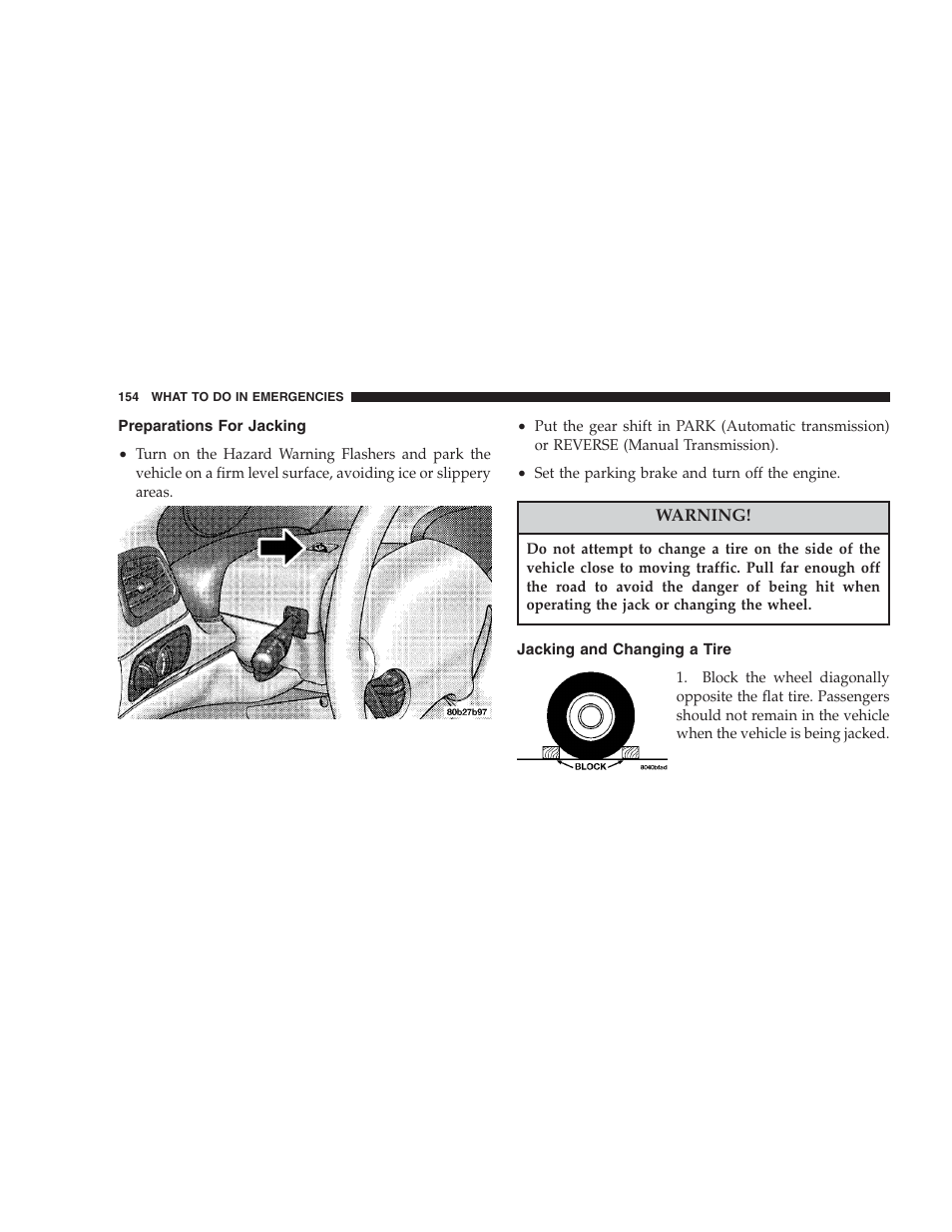 Preparations for jacking, Jacking and changing a tire | Dodge 2004 Intrepid User Manual | Page 154 / 249