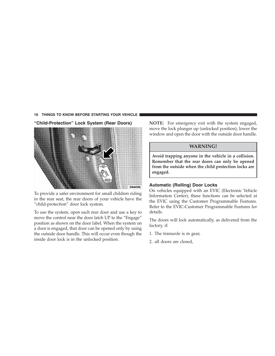 Child- protection lock system (rear doors), Automatic (rolling) door locks, Child-protection” lock system (rear doors) | Dodge 2004 Intrepid User Manual | Page 16 / 249