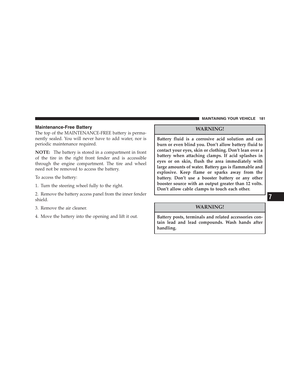 Maintenance- free battery, Maintenance-free battery | Dodge 2004 Intrepid User Manual | Page 181 / 249