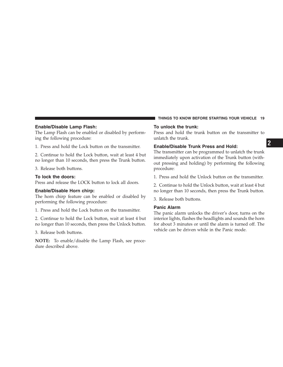 Enable/disable lamp flash, To lock the doors, Enable/disable horn chirp | To unlock the trunk, Enable/disable trunk press and hold, Panic alarm | Dodge 2004 Intrepid User Manual | Page 19 / 249