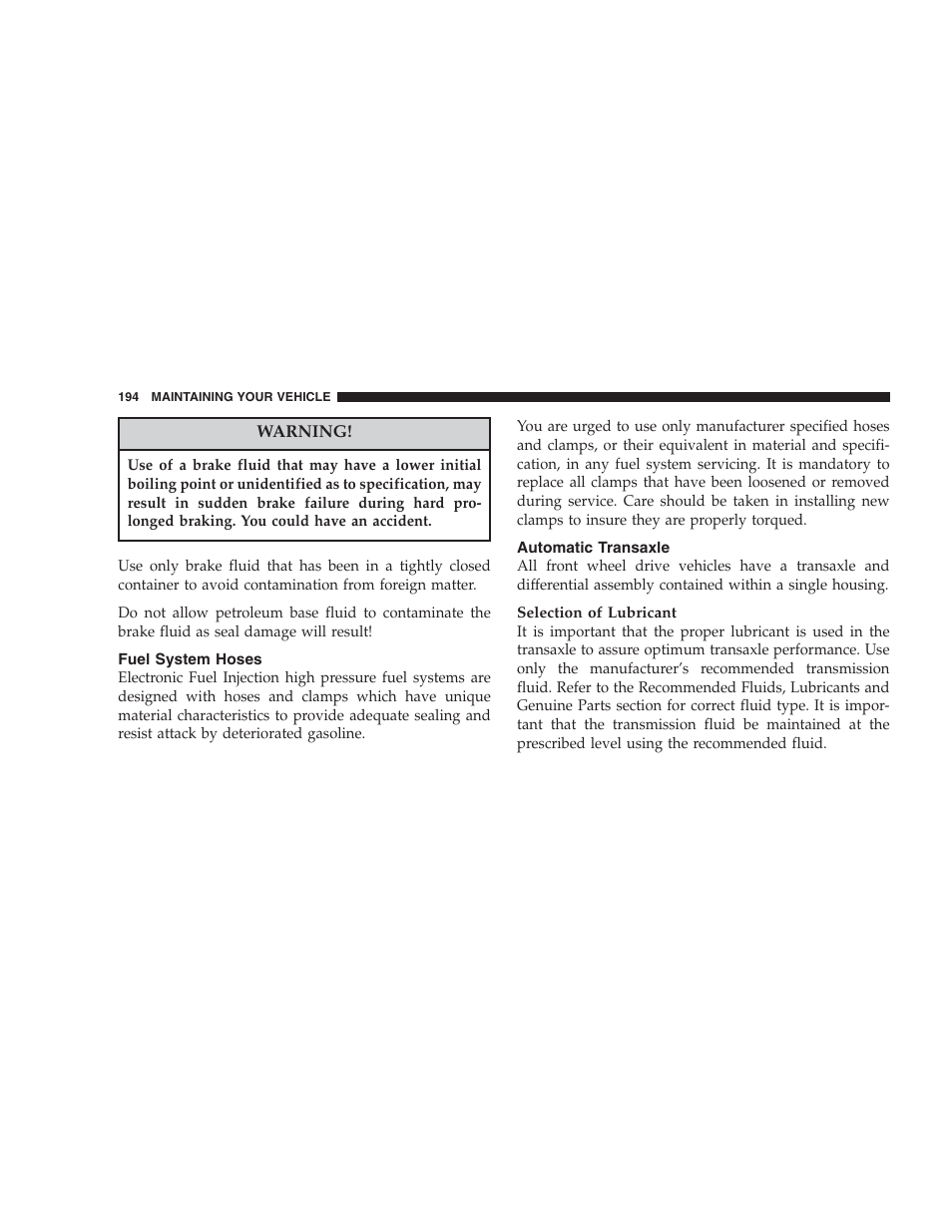 Fuel system hoses, Automatic transaxle | Dodge 2004 Intrepid User Manual | Page 194 / 249