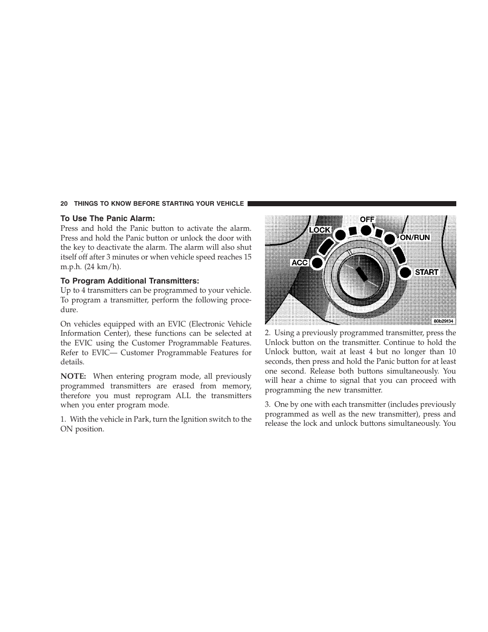 To use the panic alarm, To program additional transmitters | Dodge 2004 Intrepid User Manual | Page 20 / 249