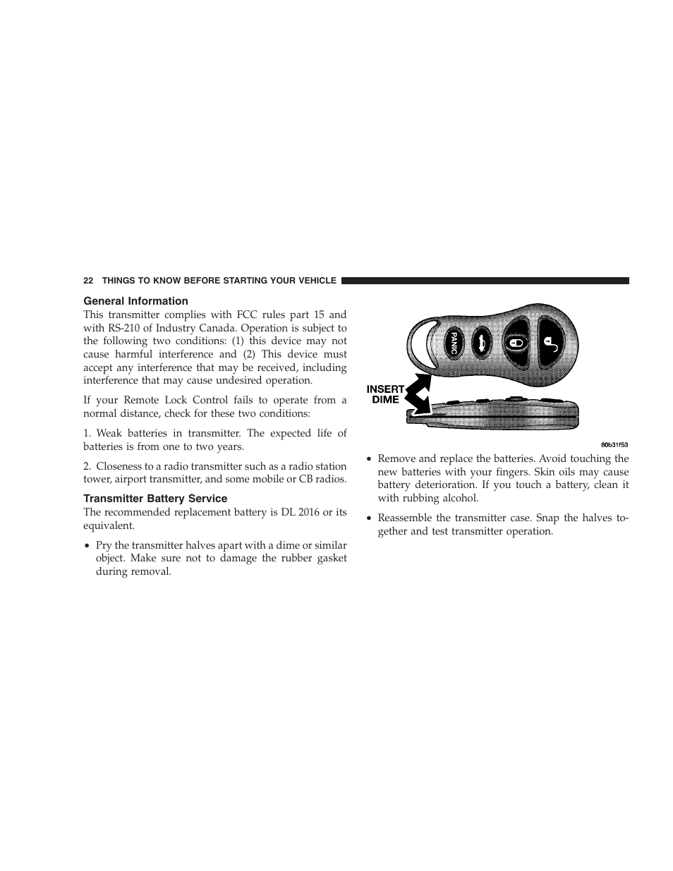 General information, Transmitter battery service | Dodge 2004 Intrepid User Manual | Page 22 / 249