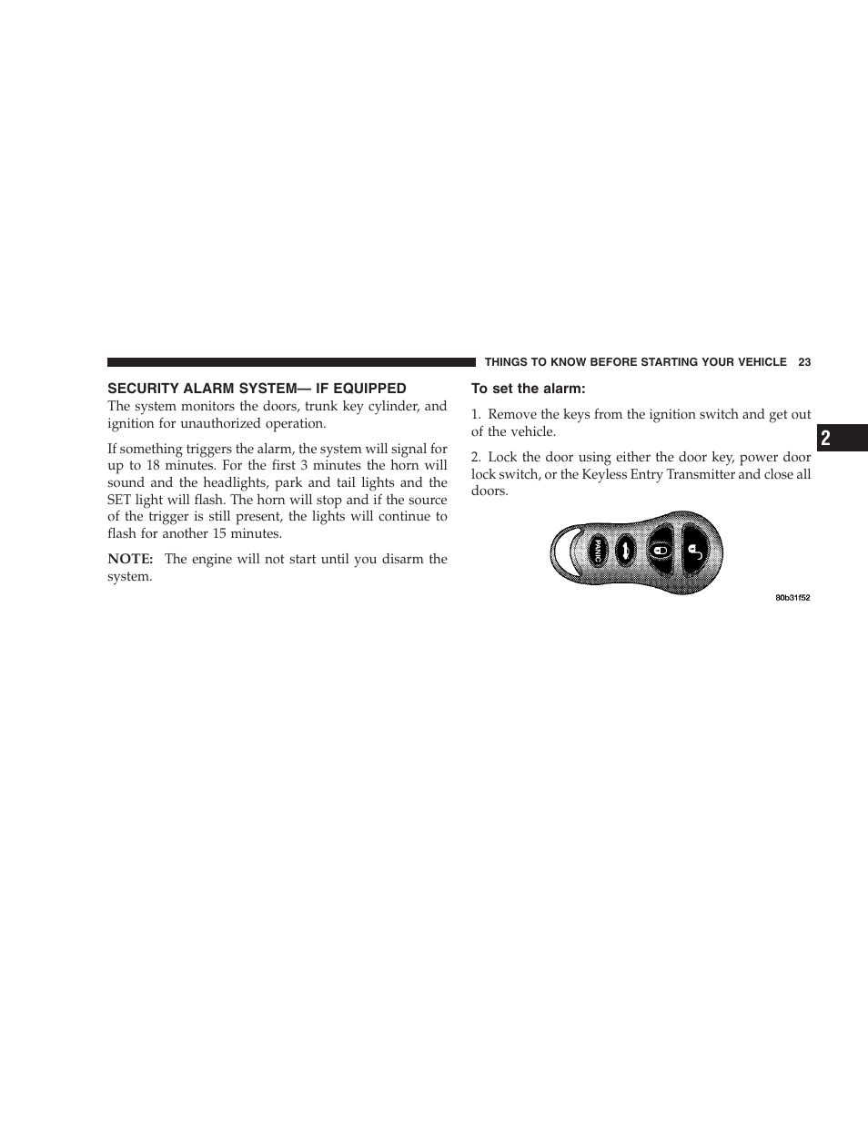 Security alarm system - if equipped, To set the alarm, Security alarm system— if equipped | Dodge 2004 Intrepid User Manual | Page 23 / 249