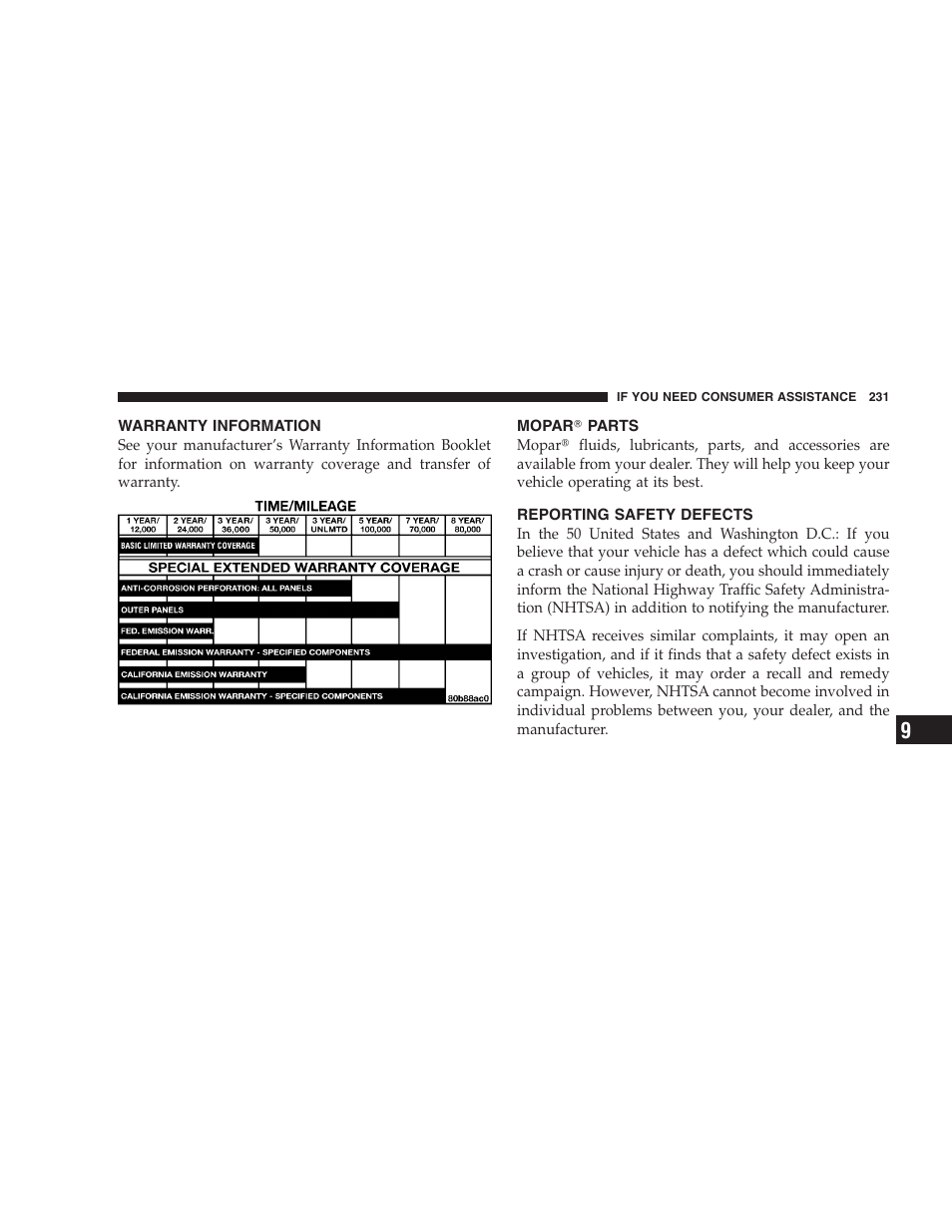 Warranty information, Mopar, Parts | Reporting safety defects, Mopar௡ parts | Dodge 2004 Intrepid User Manual | Page 231 / 249