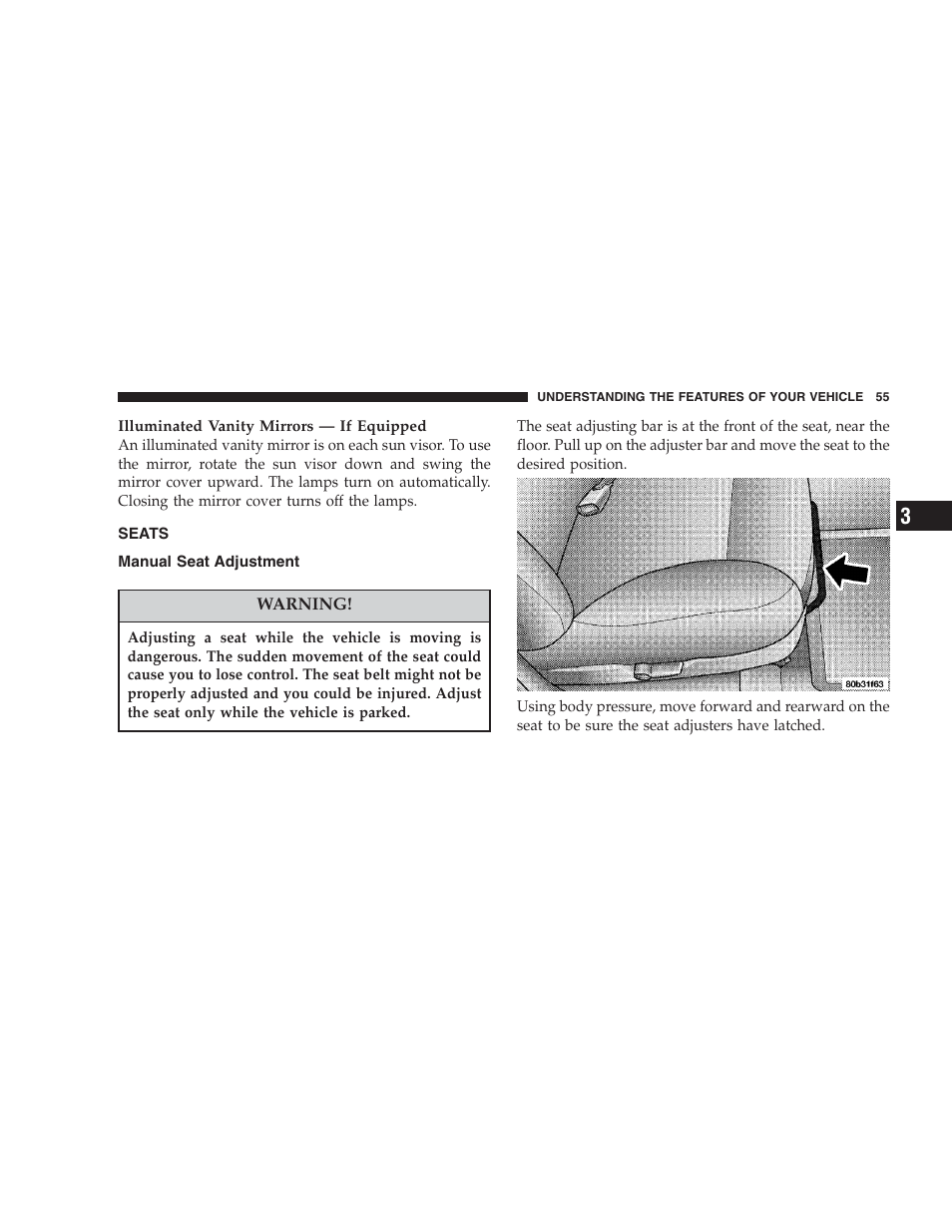 Seats, Manual seat adjustment | Dodge 2004 Intrepid User Manual | Page 55 / 249