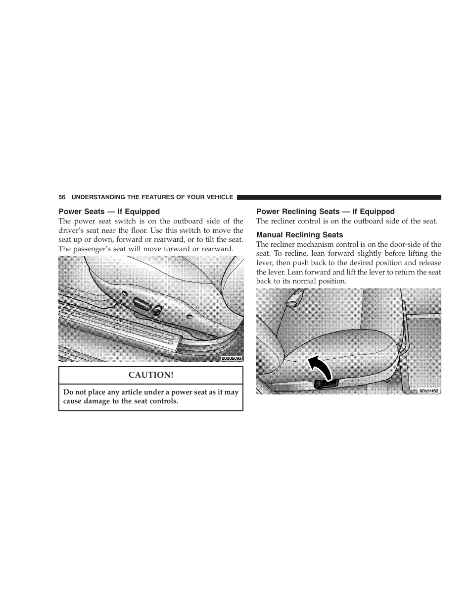 Power seats - if equipped, Power reclining seats - if equipped, Manual reclining seats | Power seats — if equipped, Power reclining seats — if equipped | Dodge 2004 Intrepid User Manual | Page 56 / 249