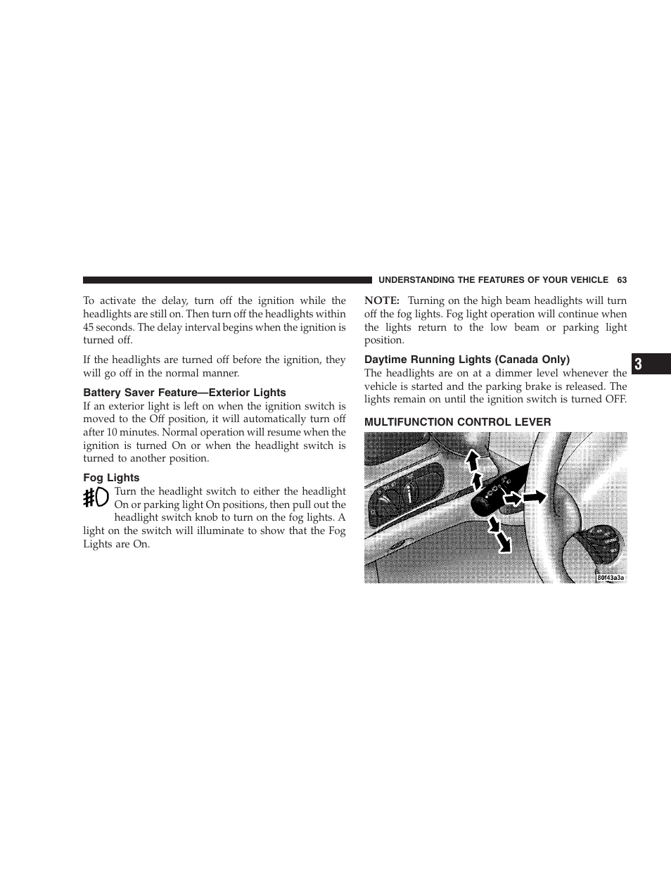 Battery saver feature - exterior lights, Fog lights, Daytime running lights (canada only) | Multifunction control lever, Battery saver feature—exterior lights | Dodge 2004 Intrepid User Manual | Page 63 / 249