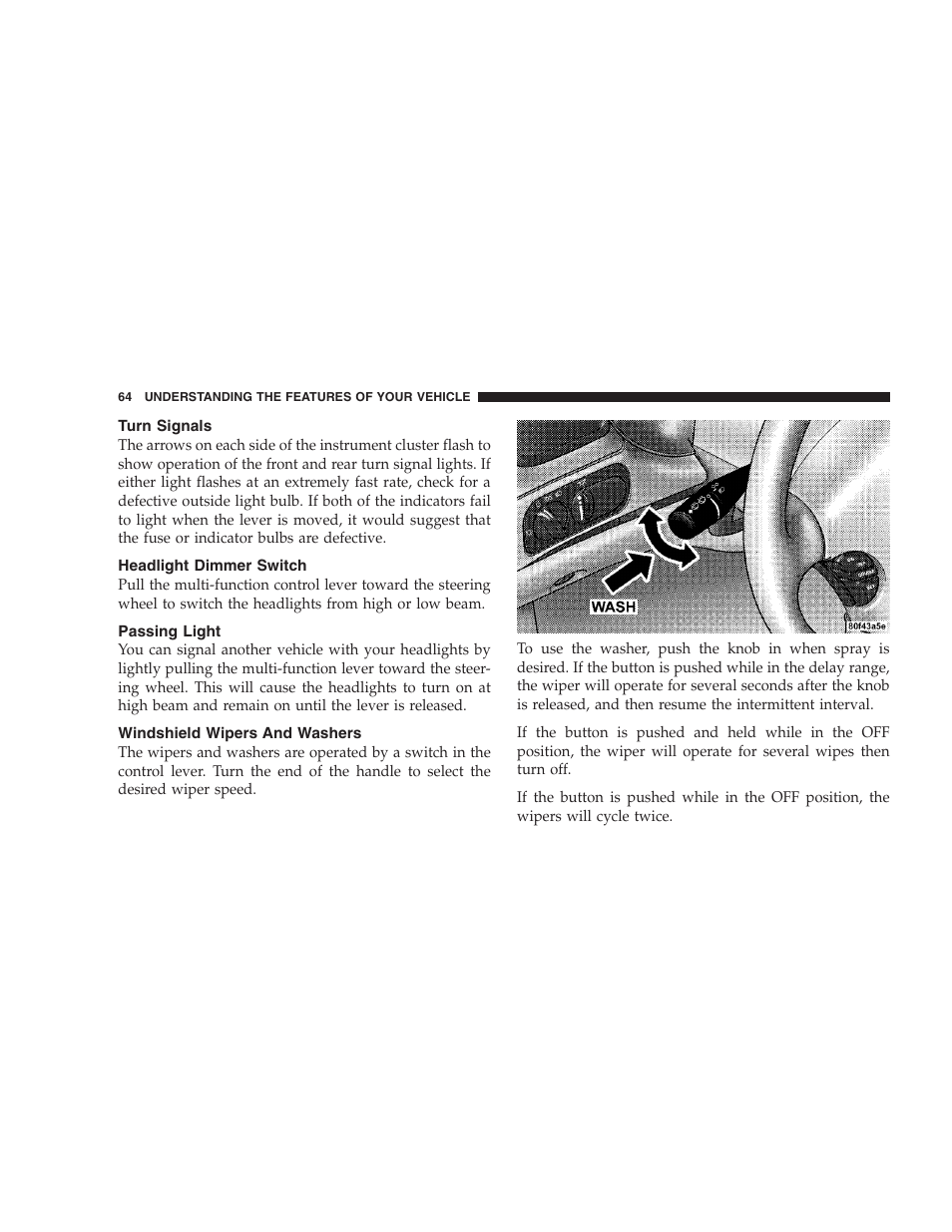 Turn signals, Headlight dimmer switch, Passing light | Windshield wipers and washers | Dodge 2004 Intrepid User Manual | Page 64 / 249