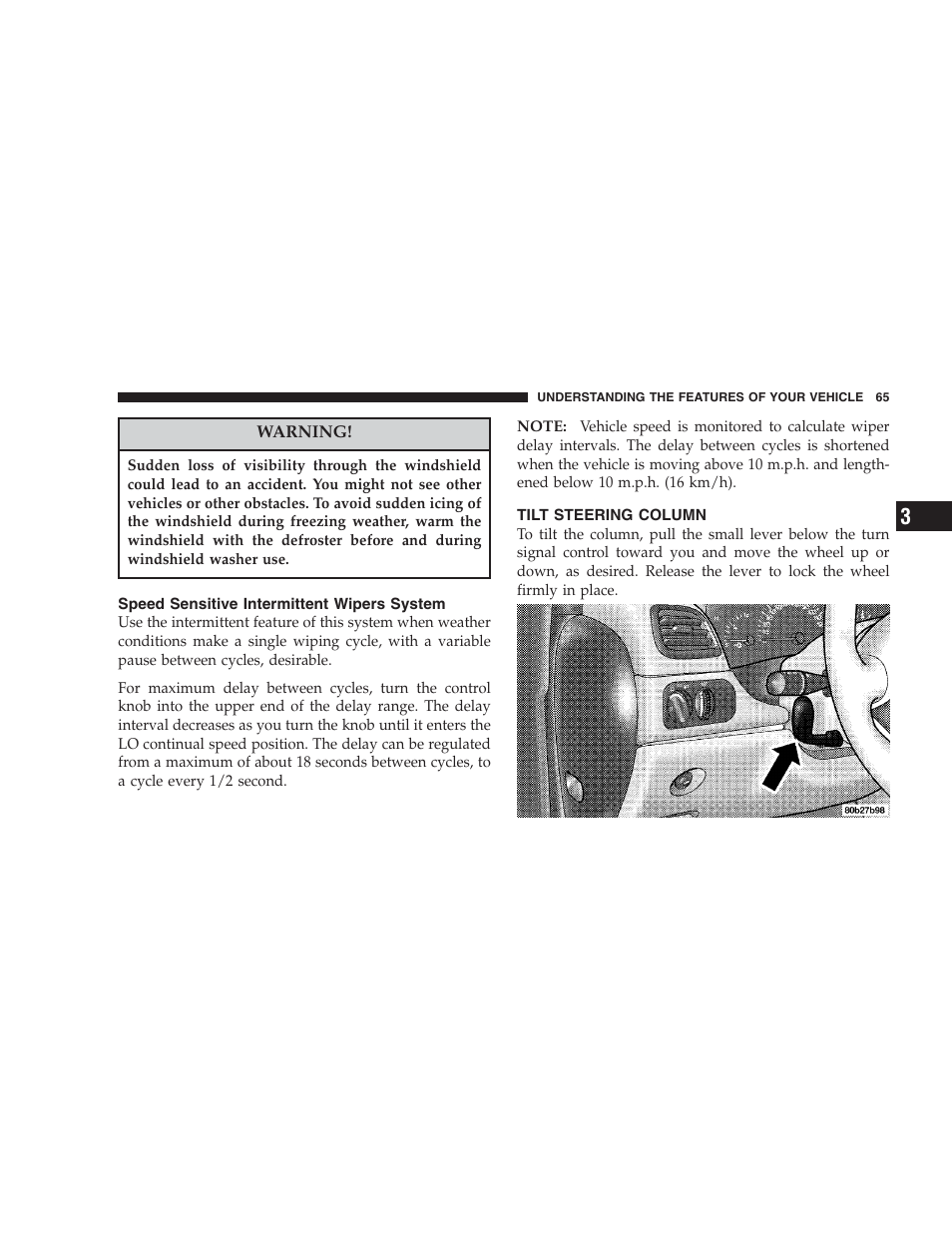 Speed sensitive intermittent wipers system, Tilt steering column | Dodge 2004 Intrepid User Manual | Page 65 / 249