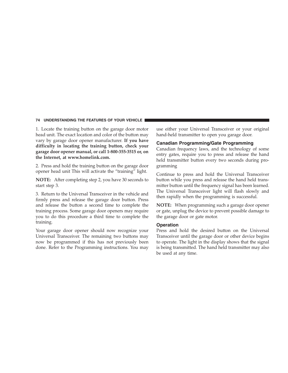 Canadian programming/gate programming, Operation | Dodge 2004 Intrepid User Manual | Page 74 / 249