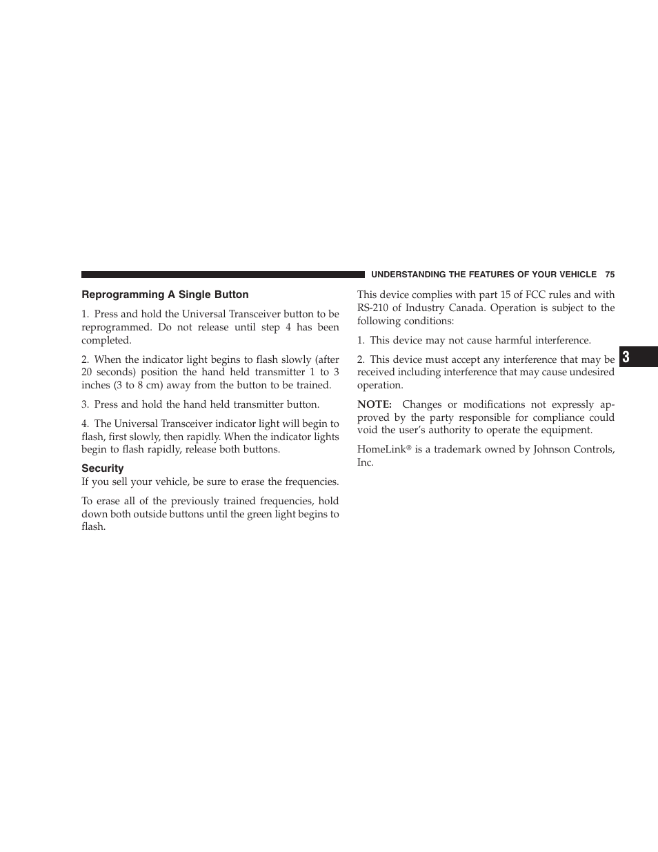 Reprogramming a single button, Security | Dodge 2004 Intrepid User Manual | Page 75 / 249