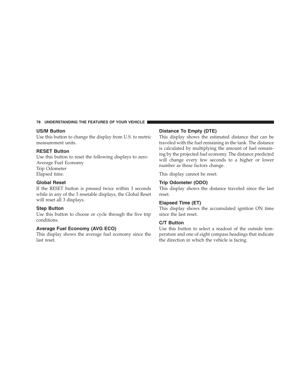 Us/m button, Reset button, Global reset | Step button, Average fuel economy (avg eco), Distance to empty (dte), Trip odometer (odo), Elapsed time (et), C/t button | Dodge 2004 Intrepid User Manual | Page 78 / 249