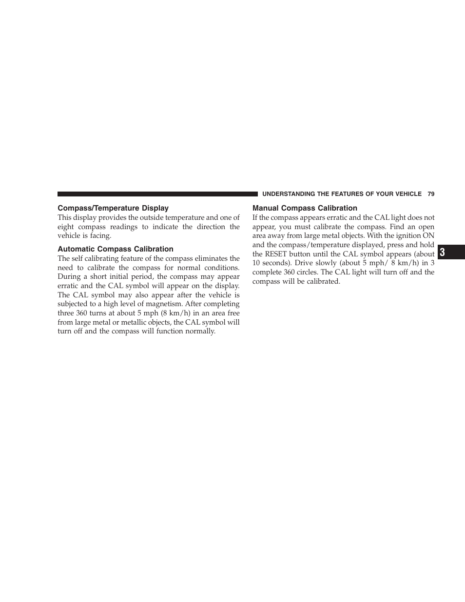 Compass/temperature display, Automatic compass calibration, Manual compass calibration | Dodge 2004 Intrepid User Manual | Page 79 / 249