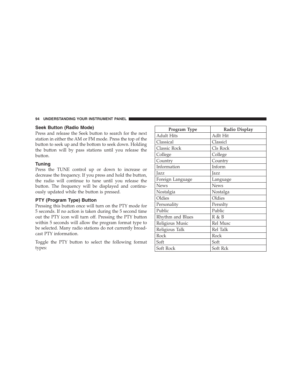 Seek button (radio mode), Tuning, Pty (program type) button | Dodge 2004 Intrepid User Manual | Page 94 / 249