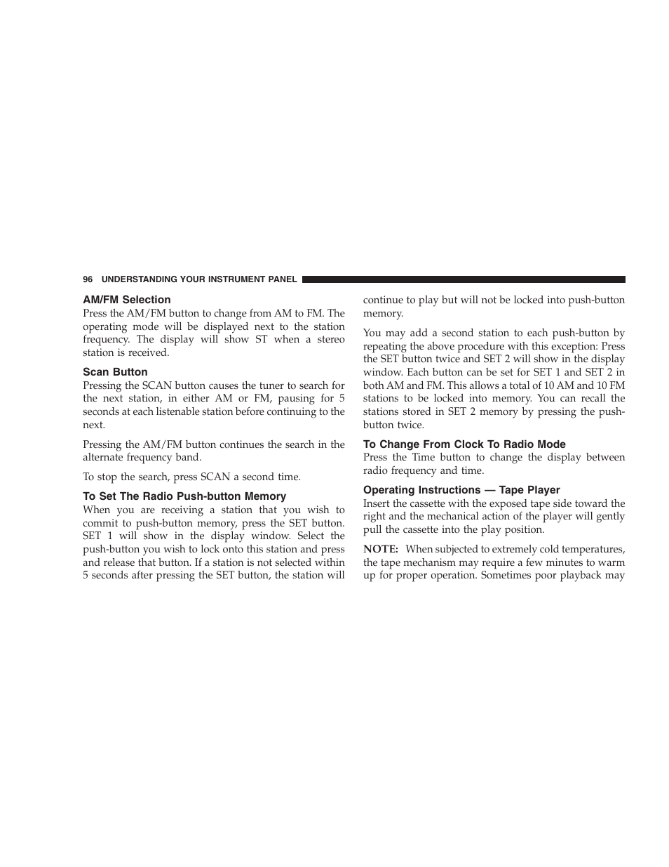 Am/fm selection, Scan button, To set the radio push-button memory | To change from clock to radio mode, Operating instructions - tape player, Operating instructions — tape player | Dodge 2004 Intrepid User Manual | Page 96 / 249