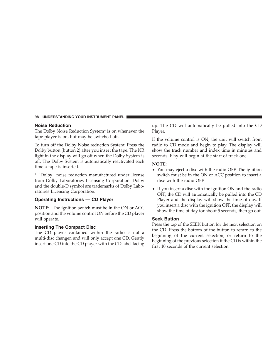 Noise reduction, Operating instructions - cd player, Inserting the compact disc | Seek button, Operating instructions — cd player | Dodge 2004 Intrepid User Manual | Page 98 / 249