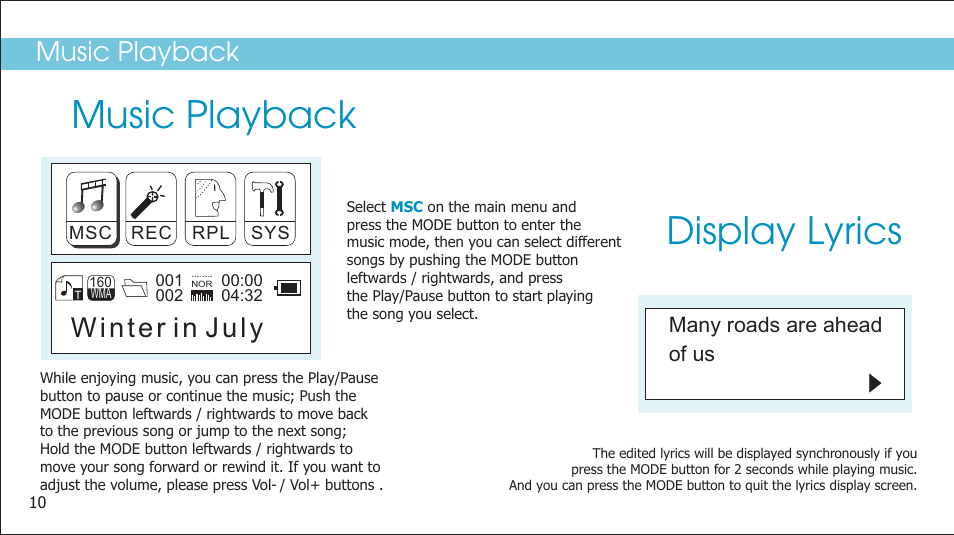 Music playback display lyrics, Music playback | Curtis SMP1050 User Manual | Page 12 / 24