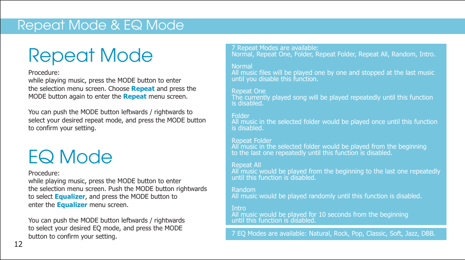 Repeat mode, Eq mode, Repeat mode & eq mode | Curtis SMP1050 User Manual | Page 14 / 24