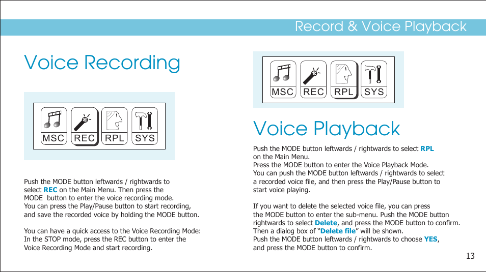 Voice recording, Voice playback, Record & voice playback | Curtis SMP1050 User Manual | Page 15 / 24