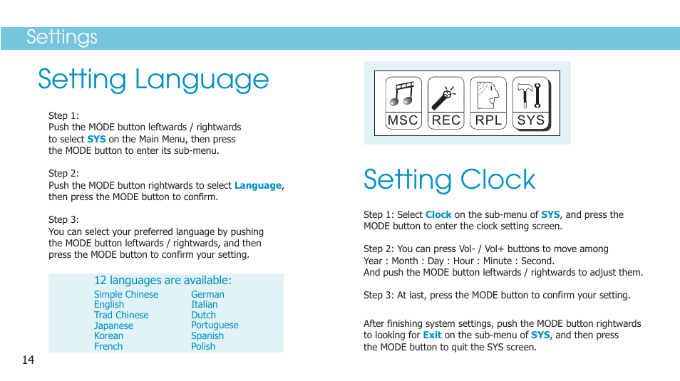 Setting clock, Setting language, Settings | Curtis SMP1050 User Manual | Page 16 / 24