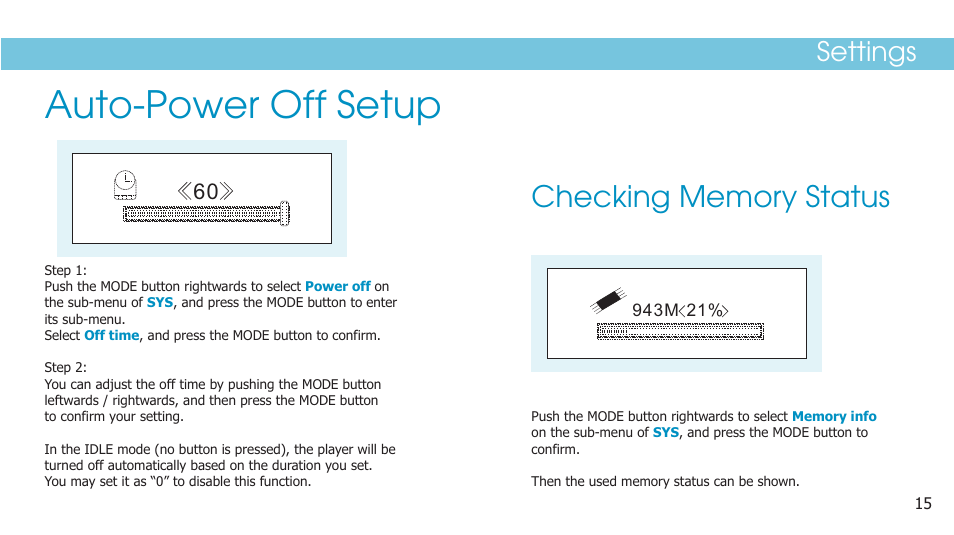 Auto-power off setup, Settings | Curtis SMP1050 User Manual | Page 17 / 24