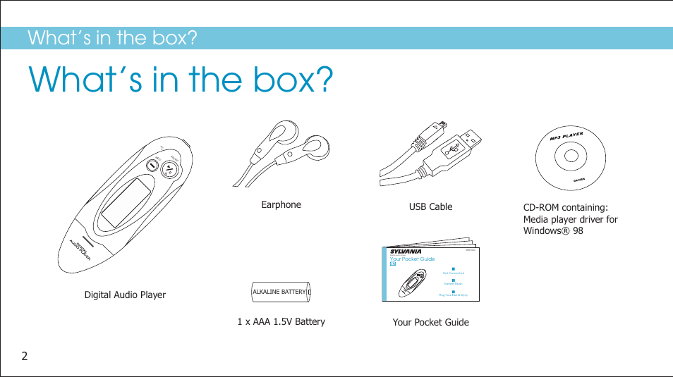 What’s in the box, Digital audio player smp1050 mi c play rec | Curtis SMP1050 User Manual | Page 4 / 24
