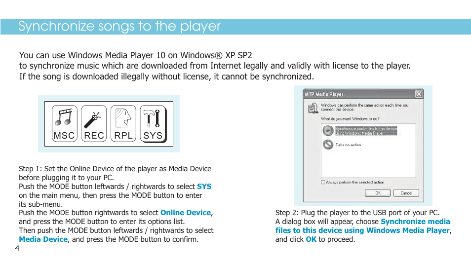 Synchronize songs to the player | Curtis SMP1050 User Manual | Page 6 / 24