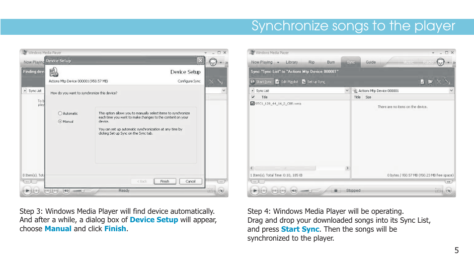 Synchronize songs to the player | Curtis SMP1050 User Manual | Page 7 / 24