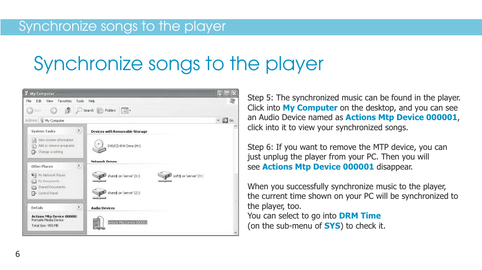 Synchronize songs to the player | Curtis SMP1050 User Manual | Page 8 / 24