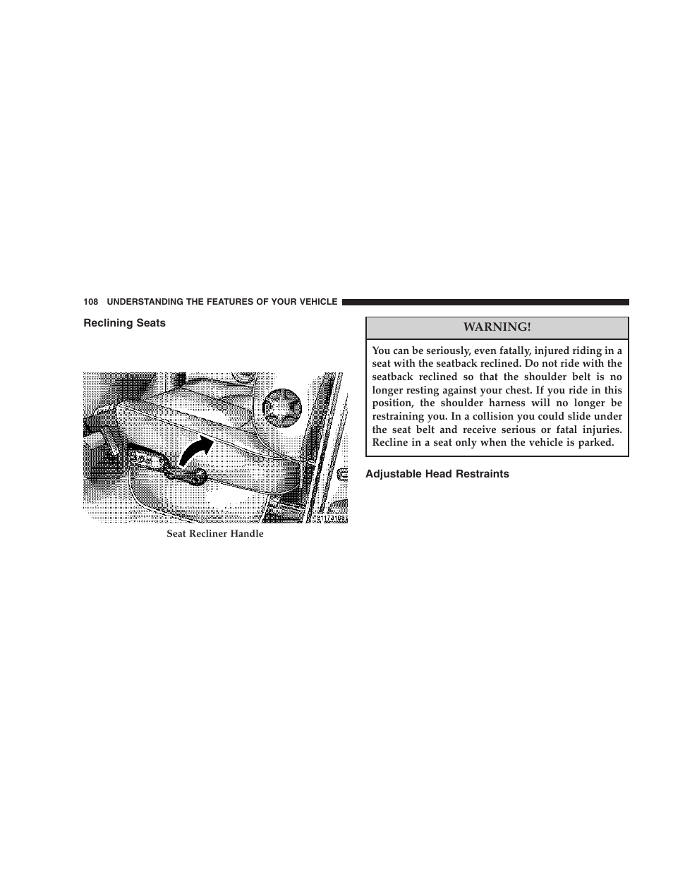 Reclining seats, Adjustable head restraints | Dodge 2006  Ram Pickup 3500 User Manual | Page 108 / 493