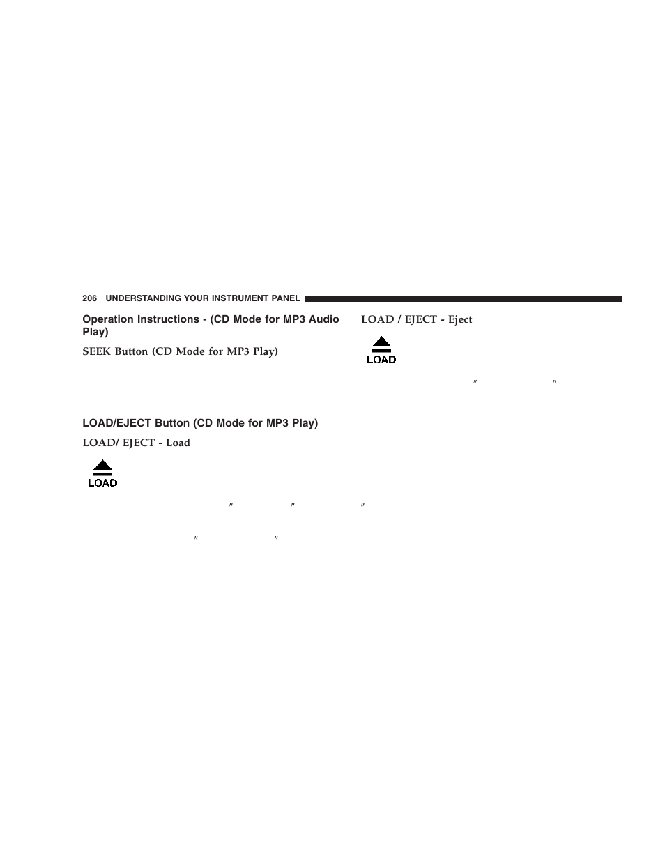 Operation instructions - (cd mode for mp3, Audio play), Load/eject button (cd mode for mp3 play) | Dodge 2006  Ram Pickup 3500 User Manual | Page 206 / 493