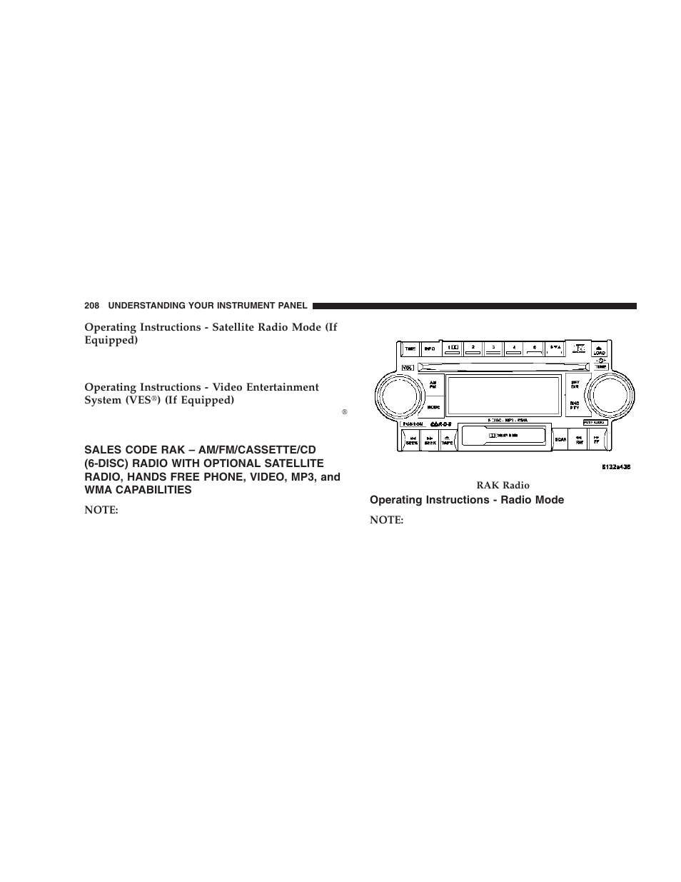 Sales code rak – am/fm/cassette/cd (6-disc), Operating instructions - radio mode | Dodge 2006  Ram Pickup 3500 User Manual | Page 208 / 493