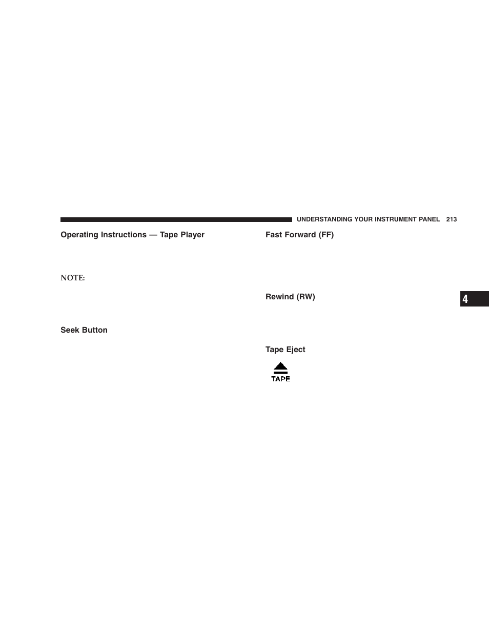 Operating instructions — tape player, Seek button, Fast forward (ff) | Rewind (rw), Tape eject | Dodge 2006  Ram Pickup 3500 User Manual | Page 213 / 493