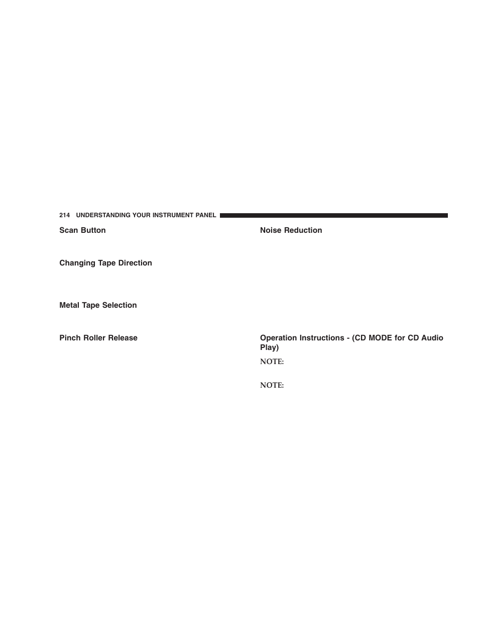 Scan button, Changing tape direction, Metal tape selection | Pinch roller release, Noise reduction, Operation instructions - (cd mode for cd, Audio play) | Dodge 2006  Ram Pickup 3500 User Manual | Page 214 / 493