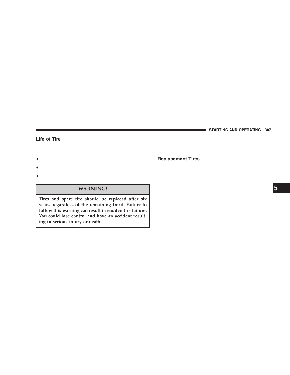 Life of tire, Replacement tires | Dodge 2006  Ram Pickup 3500 User Manual | Page 307 / 493