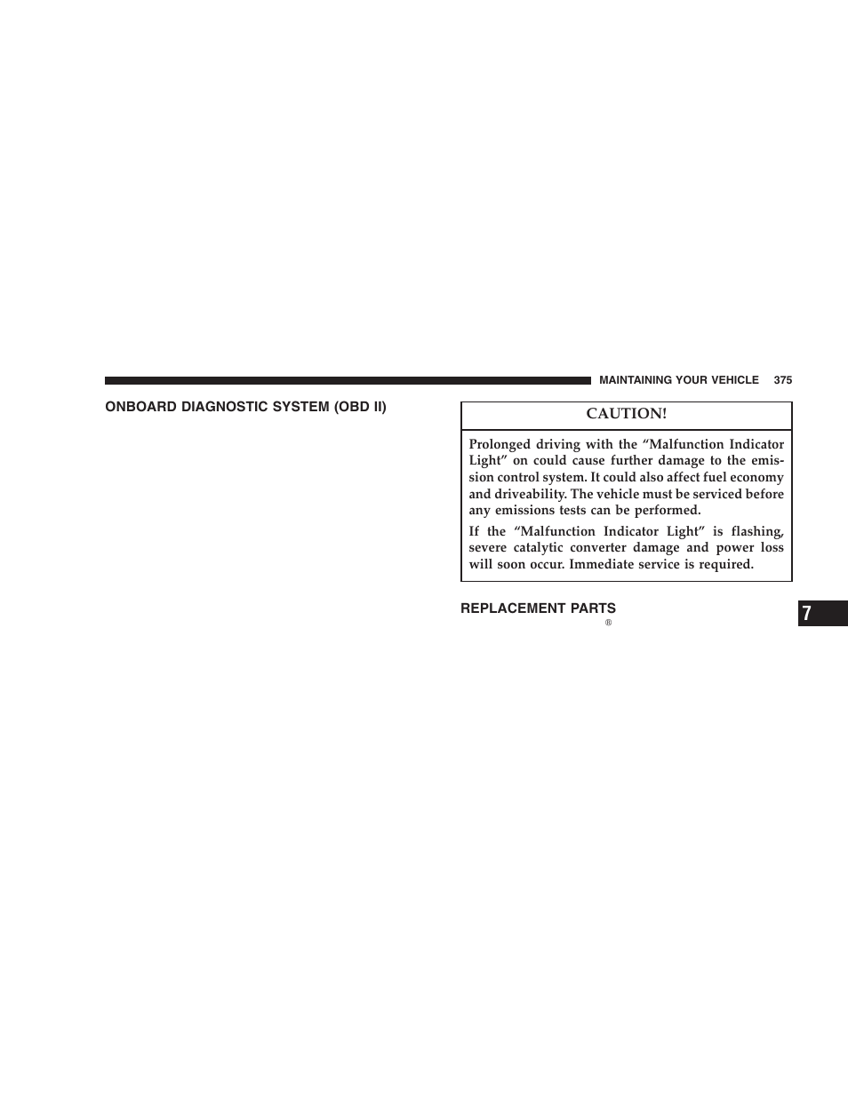 Onboard diagnostic system (obd ii), Replacement parts | Dodge 2006  Ram Pickup 3500 User Manual | Page 375 / 493