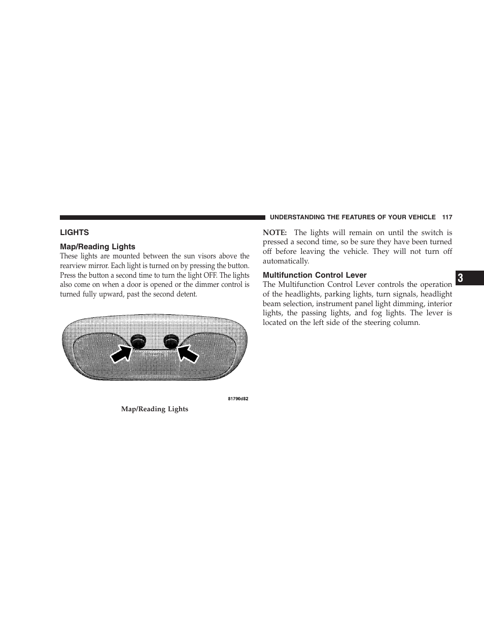 Map/reading lights, Multifunction control lever, Lights | Dodge 2008 PM Caliber User Manual | Page 119 / 402