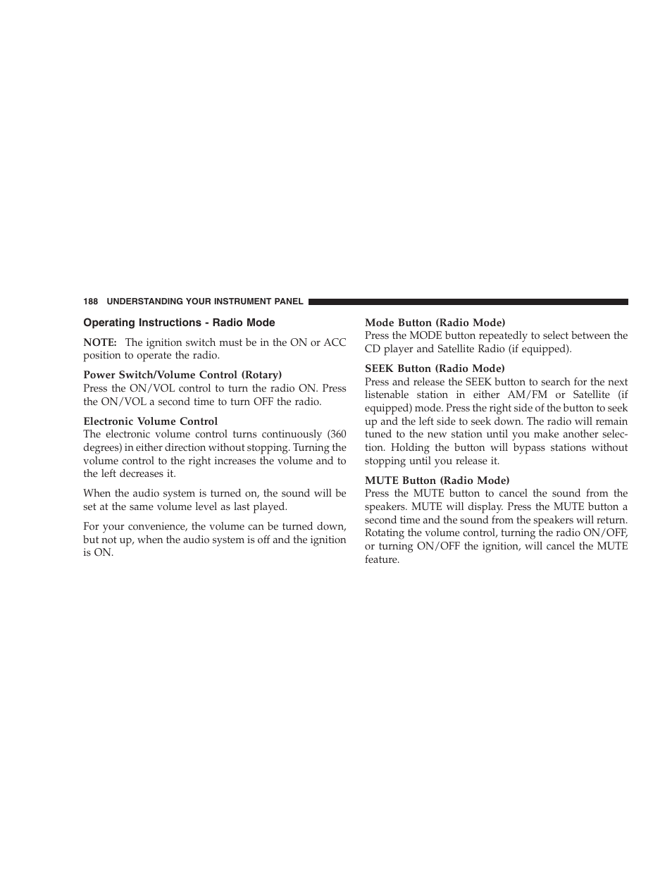 Operating instructions - radio mode | Dodge 2008 PM Caliber User Manual | Page 190 / 402