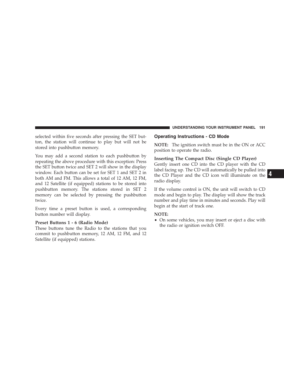 Operating instructions - cd mode | Dodge 2008 PM Caliber User Manual | Page 193 / 402