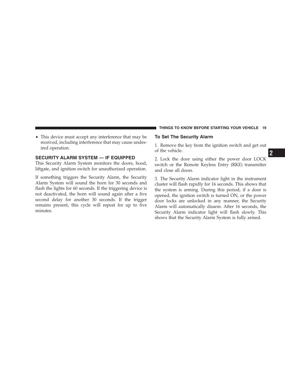 Security alarm system - if equipped, To set the security alarm, Security alarm system — if equipped | Dodge 2008 PM Caliber User Manual | Page 21 / 402