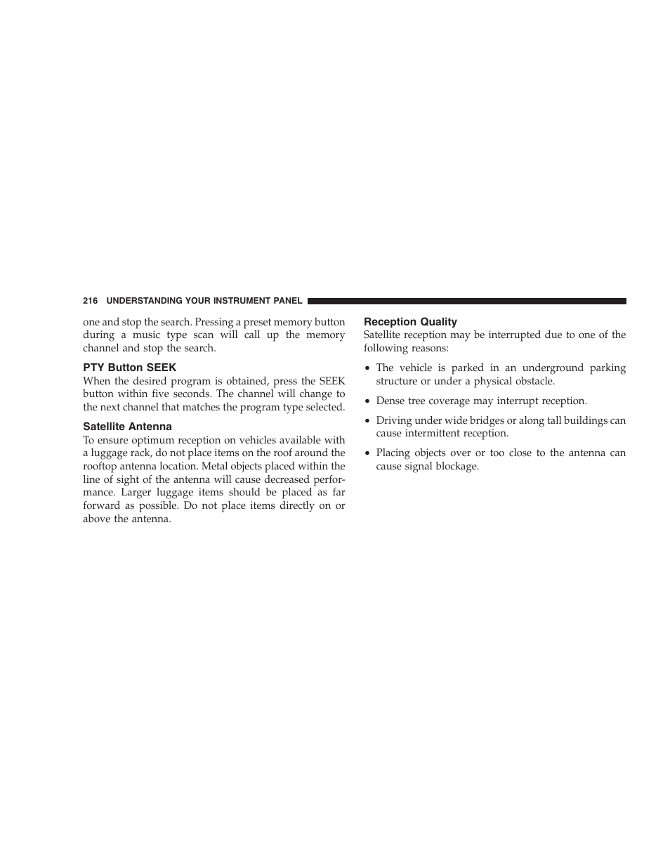 Pty button seek, Satellite antenna, Reception quality | Dodge 2008 PM Caliber User Manual | Page 218 / 402