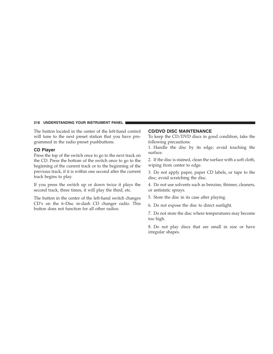 Cd player, Cd/dvd disc maintenance | Dodge 2008 PM Caliber User Manual | Page 220 / 402