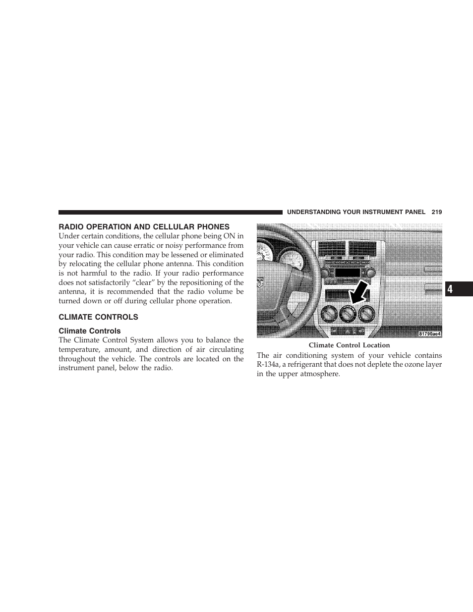 Radio operation and cellular phones, Climate controls | Dodge 2008 PM Caliber User Manual | Page 221 / 402