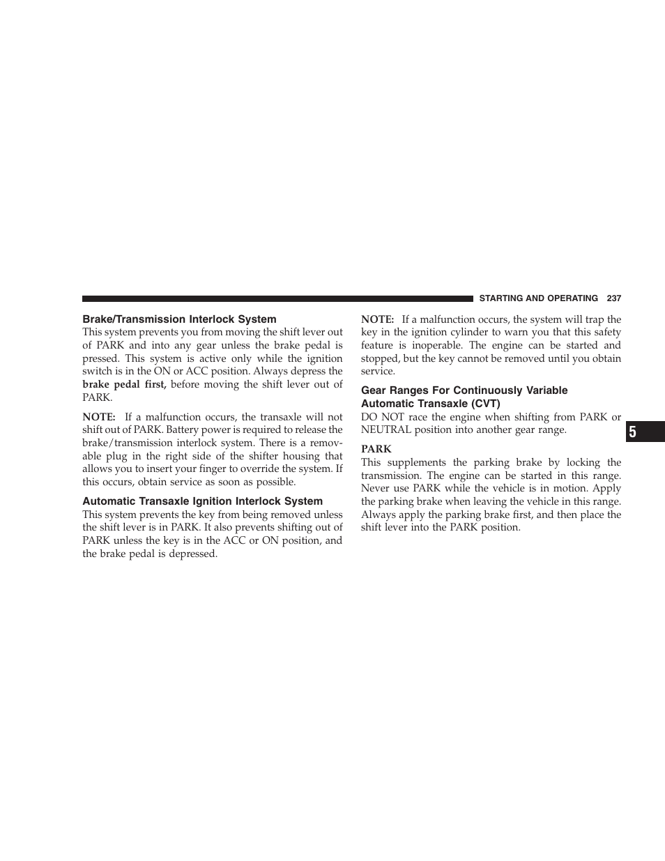 Brake/transmission interlock system, Automatic transaxle ignition interlock system, Automatic transaxle ignition interlock | System, Gear ranges for continuously variable, Automatic transaxle (cvt) | Dodge 2008 PM Caliber User Manual | Page 239 / 402